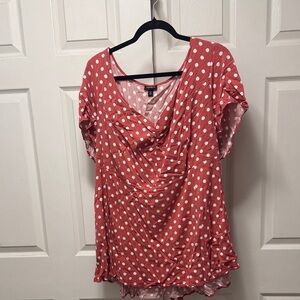 torrid Coral Pink Polka Dot V-Neck Ruched Blouse